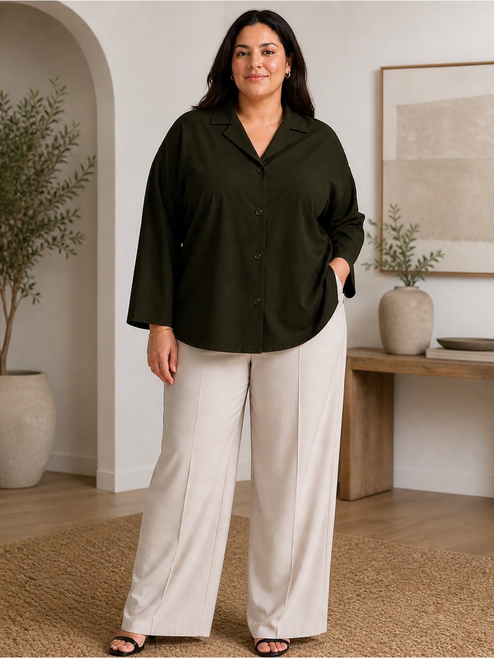 61)Delta Burke Dark Olive Button Front Blouse | PTP 24